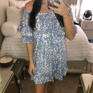 Light blue white polka dot off the shoulder ruffle dress
